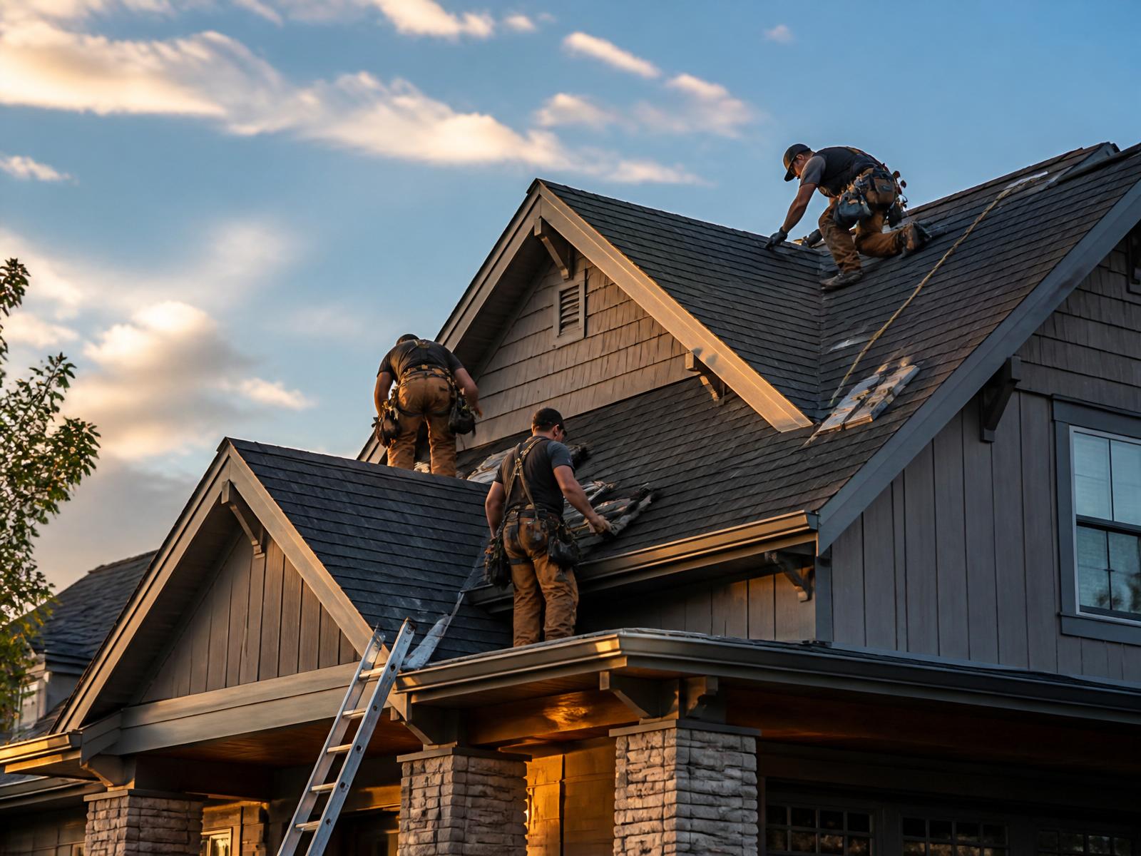 Veridra Roofing crew installing architectural shingles on a craftsman-style home
